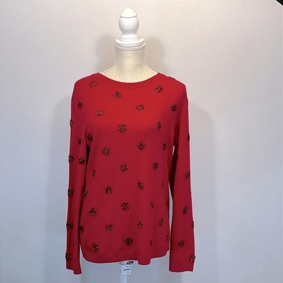 Talbots Tinsel-Dot Bateau Neck Sweater Red Size Medium Lambswool Blend Holiday - Picture 2 of 13
